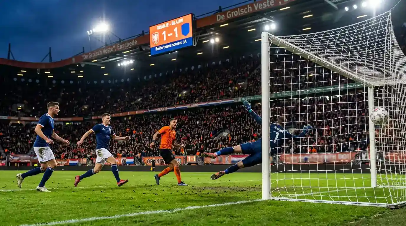 Voetbalveld met scorebord dat doelpunten van beide teams toont tijdens Eredivisie wedstrijd
